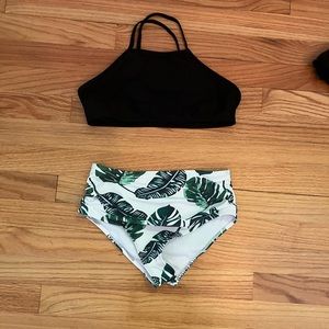 Girls Bikini set Black Twisted back top with Rainforest full coverage bottoms